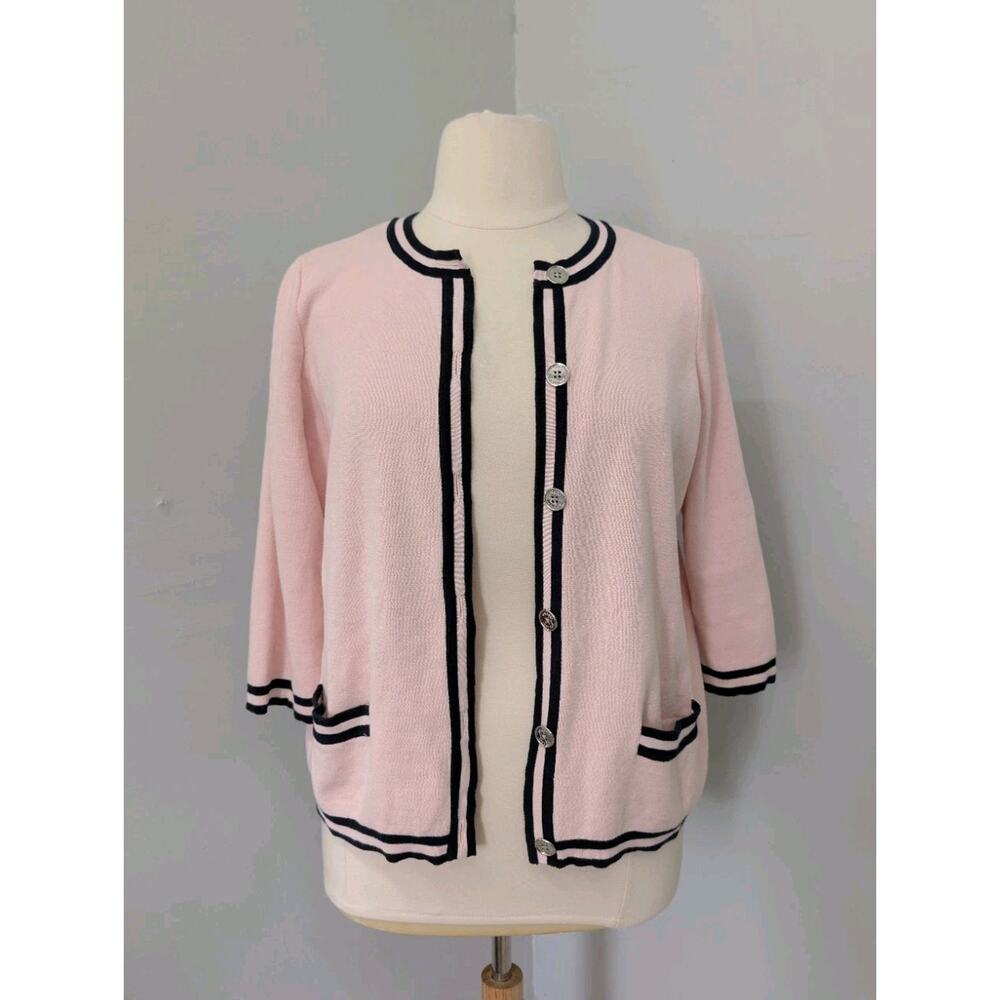Chaps Cardigan Sweater Navy Blue Pink Button Up 1X